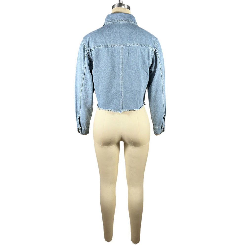 MALYBGG Ragged and Irregular Drilled - Nail Long - Sleeve Denim Jacket with Shirt Collar ZZ-27840