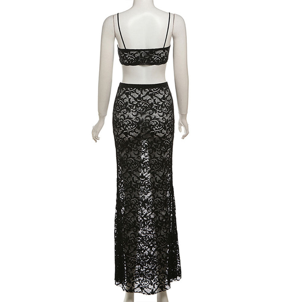 MALYBGG Fashion High-Waisted Sleeveless Lace Dress Set 2450069LY