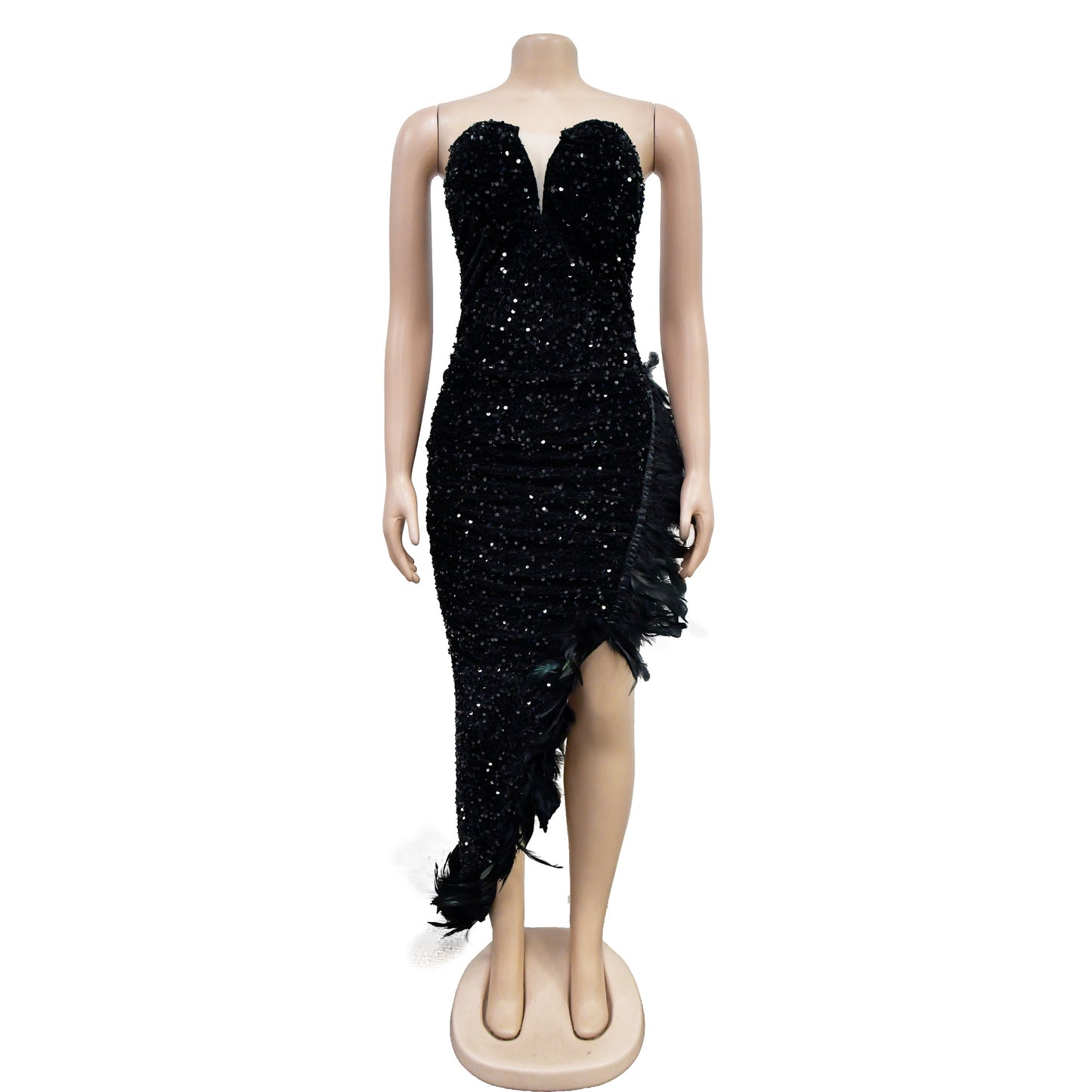 MALYBGG Women's Strapless Backless Sequin Feather Dress 6713LY