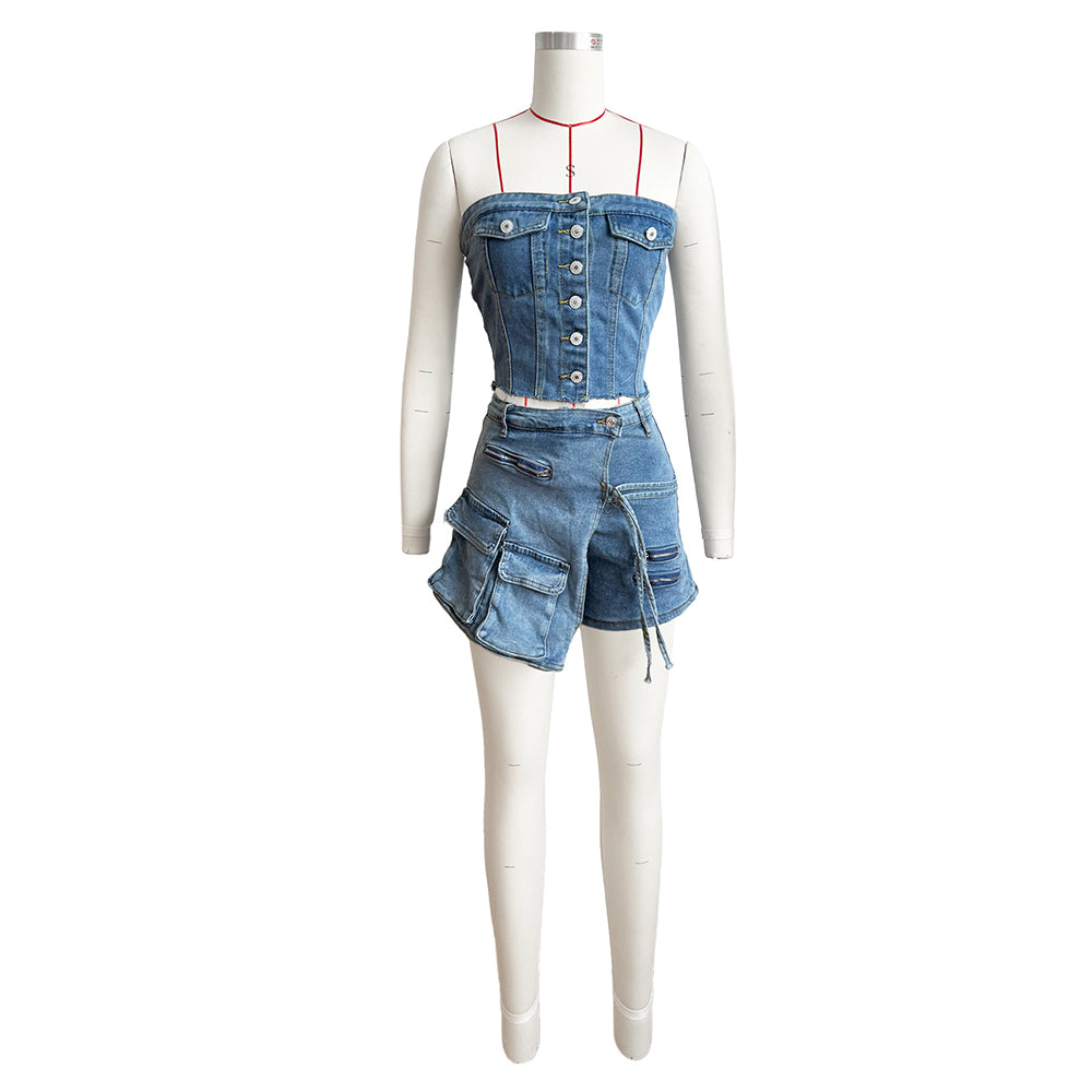 MALYBGG Strapless Denim Tube Top And Asymmetrical Skort Sets 88010LY