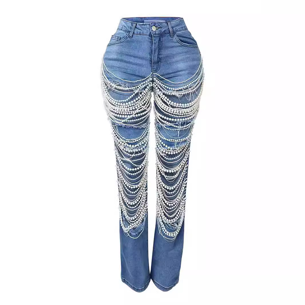 MALYBGG High Waist Beading Hot Diamond Hollow Long Jean Pant 24002LY