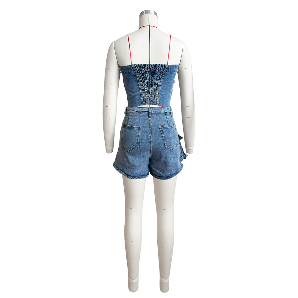 MALYBGG Strapless Denim Tube Top And Asymmetrical Skort Sets 88010LY