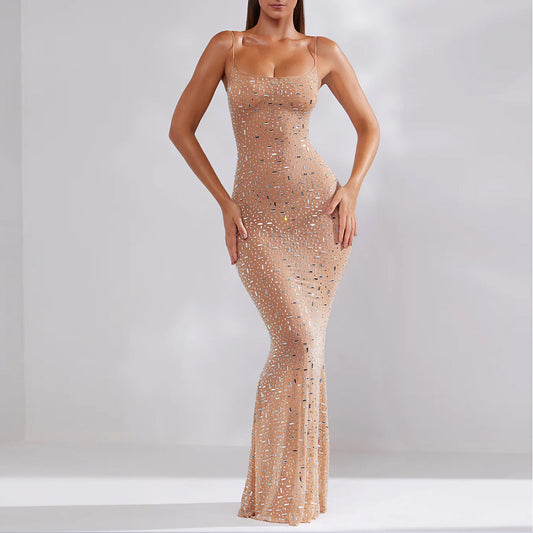 MALYBGG Rhinestone Embellished Spaghetti Strap Maxi Dress 6726LY