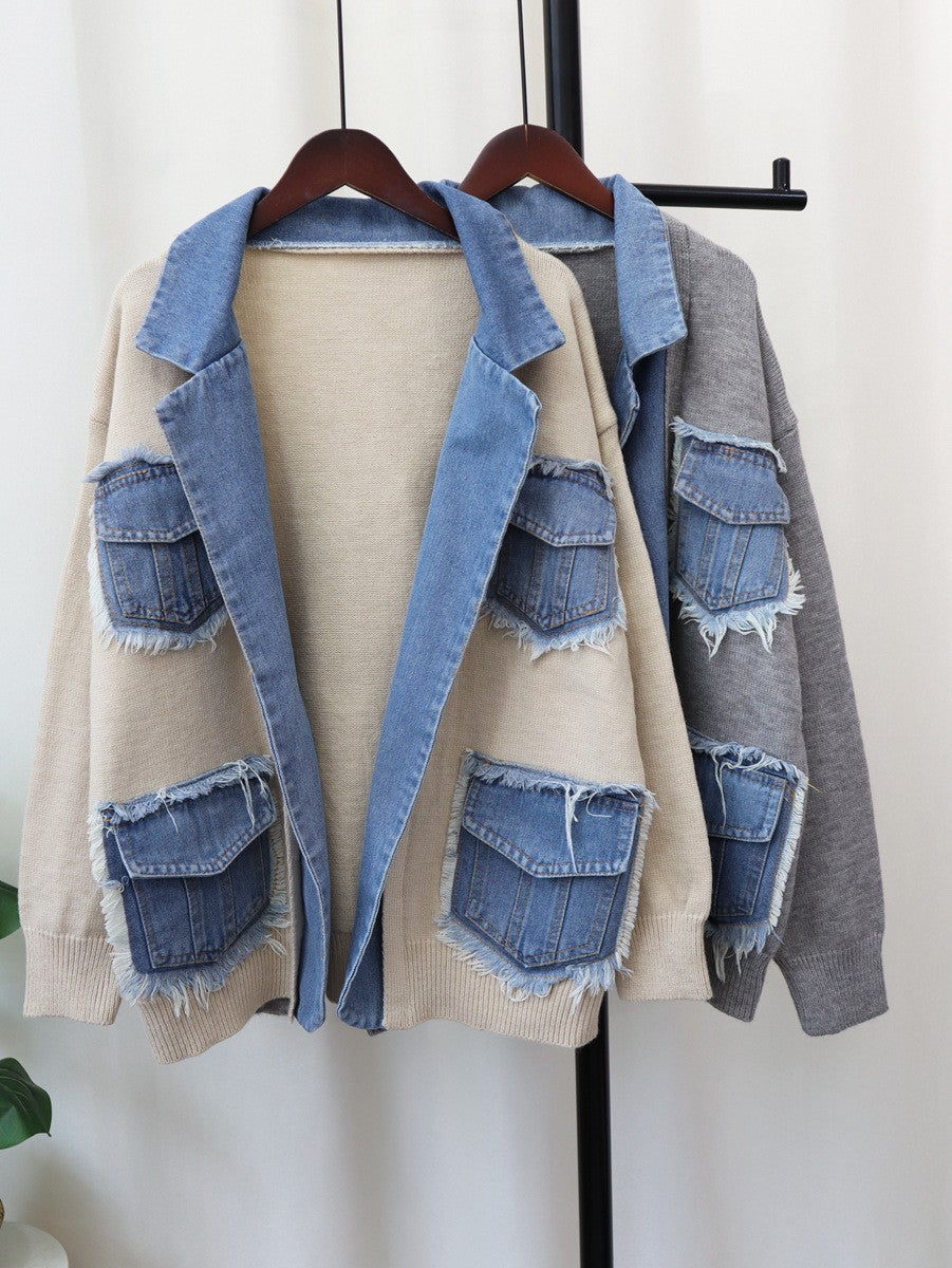 MALYBGG New Trendy Women's Knitted Cardigan: Denim Patchwork, Loose & Versatile ZZ-27750