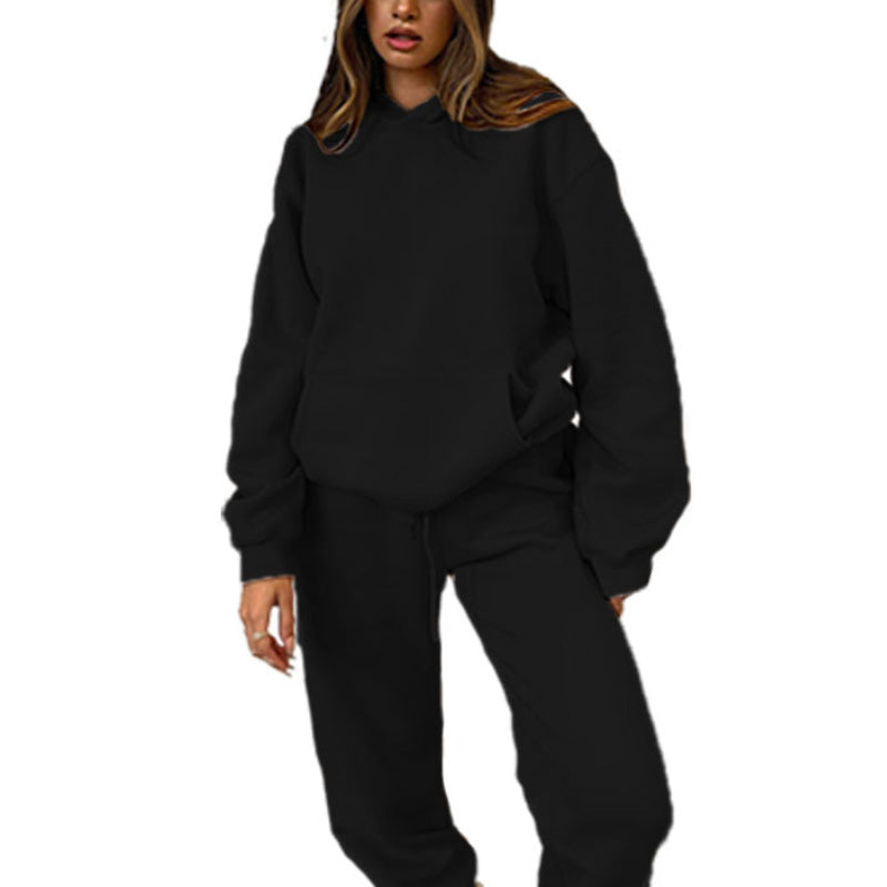 MALYBGG New Arrival: Solid - Color Hooded Long - Sleeve Sweatshirt and Cuffed Cotton Trousers Set ZZ-27702