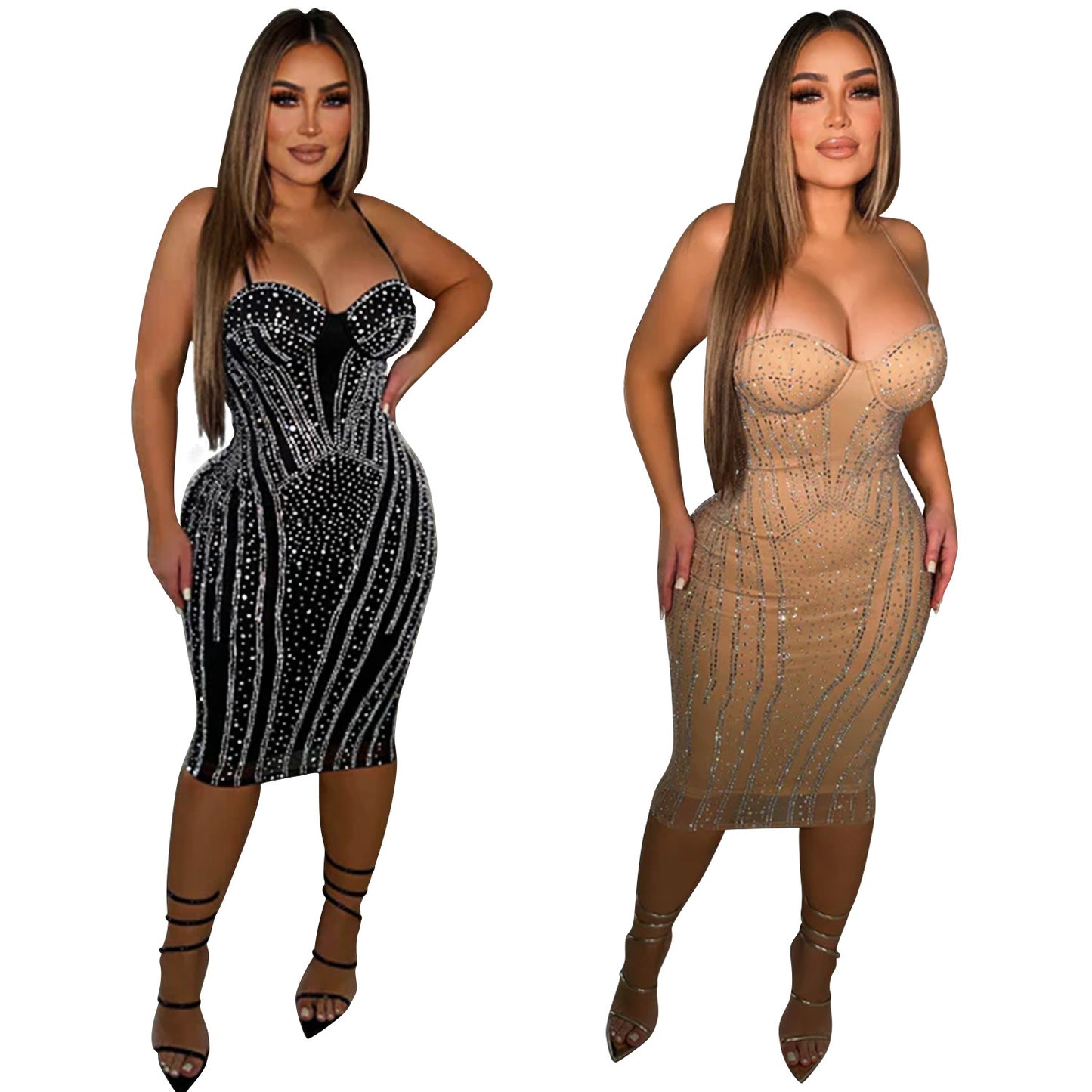 MALYBGG Sexy Mesh Rhinestone-Studded Halter Dress 6821LY