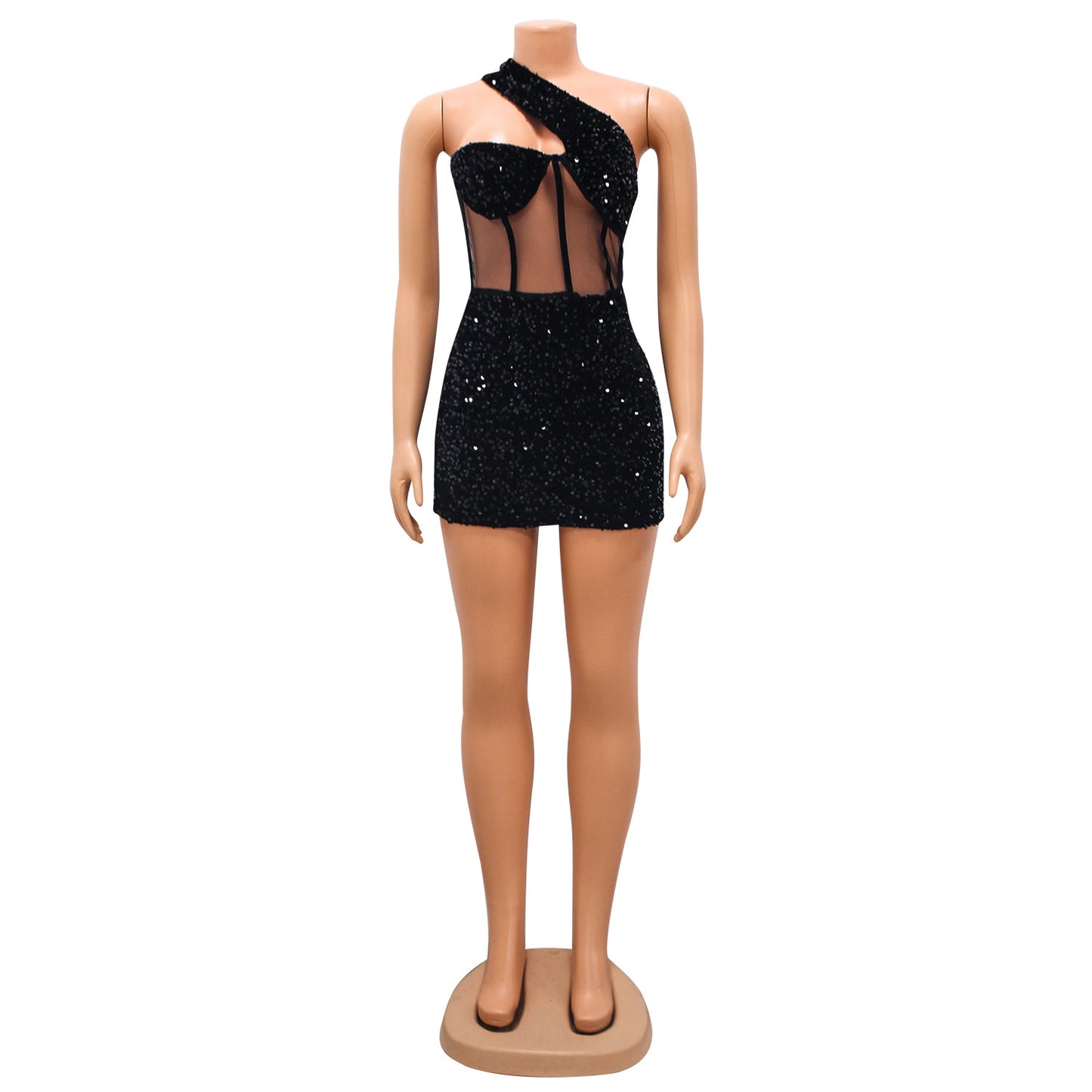 MALYBGG Asymmetrical Mesh and Pearl Embroidered Short Dress 6900LY