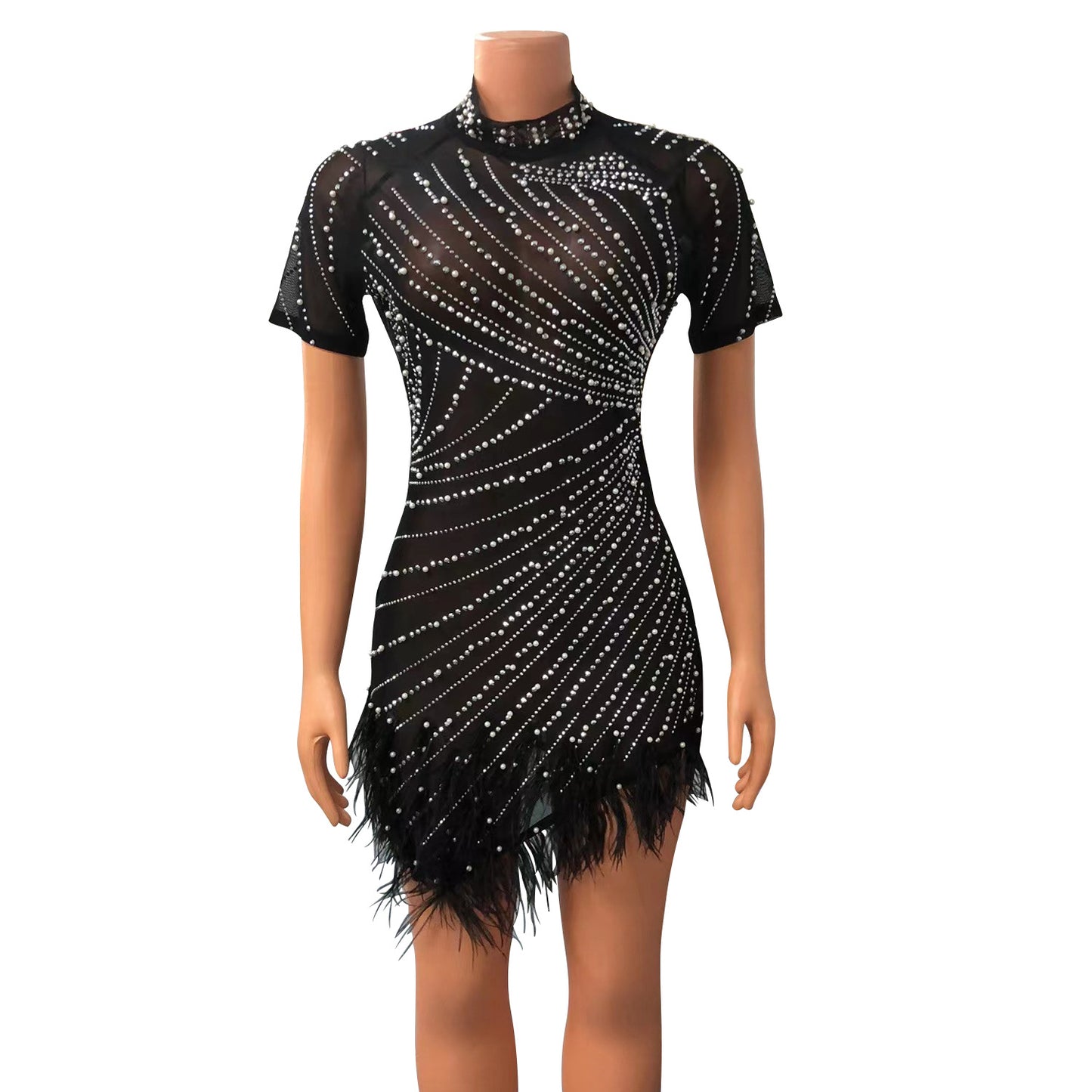 MALYBGG Mesh Rhinestone Beaded Fringe Mini Dress 6954LY