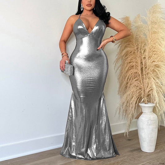 MALYBGG V-neck Metallic Spaghetti Strap Bodycon Gown 264LY