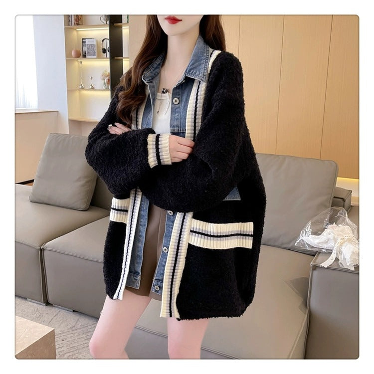 MALYBGG Embrace Fashion in a Cozy and Versatile Denim Patchwork Knit Sweater Coat 8015LY