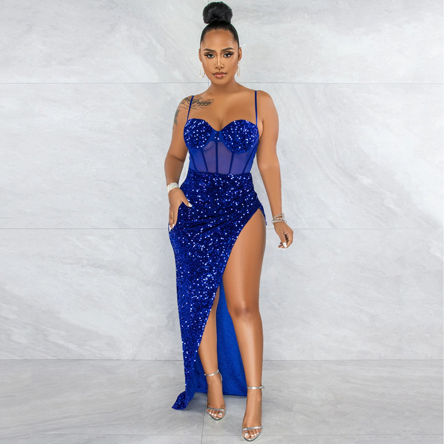 MALYBGG Sequined Mesh Perspective Irregular-Slit Dress 5843LY