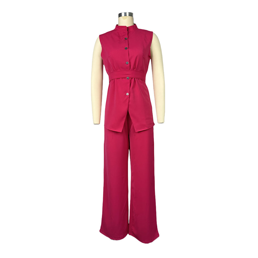 MALYBGG Button-Up Sleeveless Top and Wide Leg Pant Set 7418LY